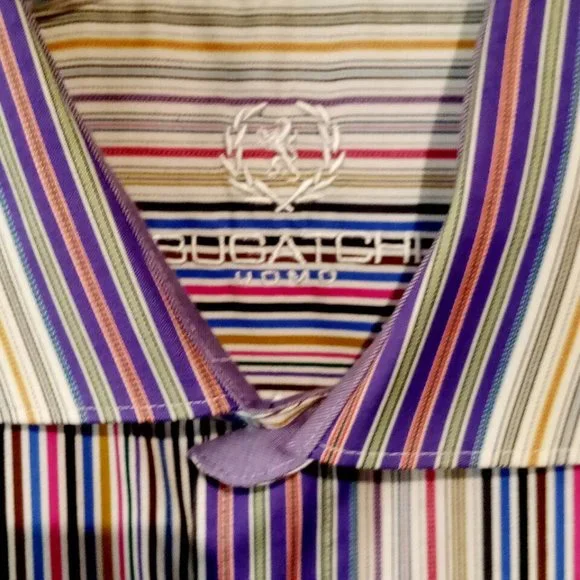 BUGATCHI Collared ShirtMen's sz LargeCottonPurple stripeShaped FitEXC